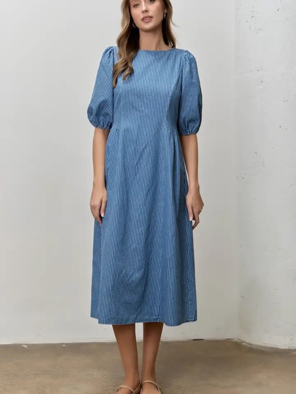 Polagram Denim Blue Striped Puff-Sleeve Midi Dress Size Large - Like New/EUC